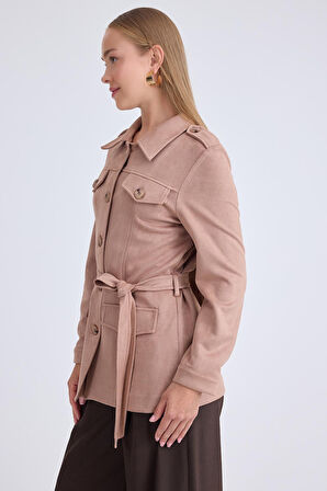 Beli Kuşaklı Düğmeli Süet Ceket