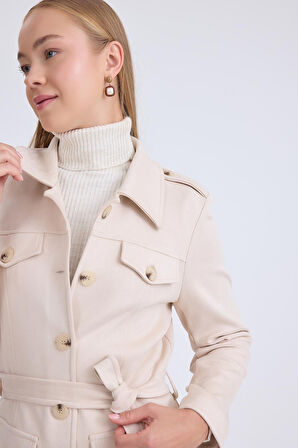 Beli Kuşaklı Düğmeli Süet Ceket