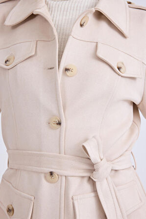 Beli Kuşaklı Düğmeli Süet Ceket