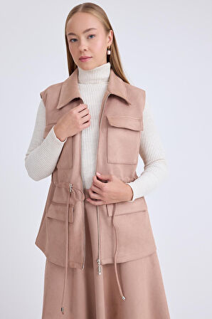 Kapak Cepli Beli Bağcıklı Süet Ceket