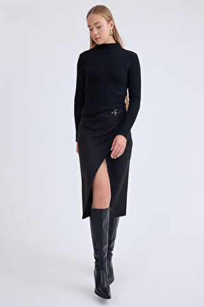 Önü Tokalı Midi Süet Etek