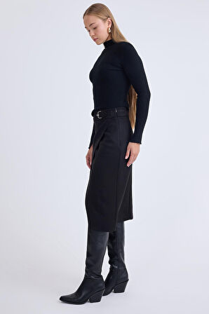 Önü Tokalı Midi Süet Etek