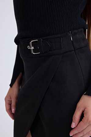 Önü Tokalı Midi Süet Etek