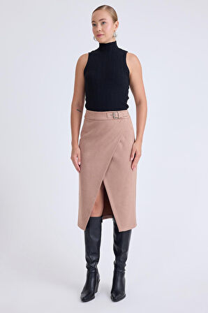 Önü Tokalı Midi Süet Etek