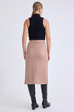 Önü Tokalı Midi Süet Etek