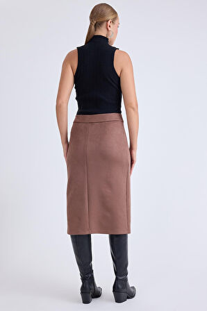 Önü Tokalı Midi Süet Etek