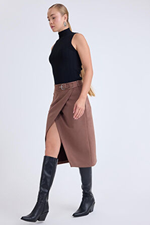 Önü Tokalı Midi Süet Etek