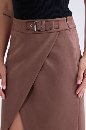 Önü Tokalı Midi Süet Etek