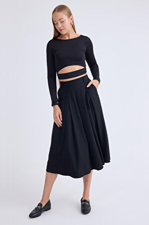 Pileli Midi Boy Cepli Etek