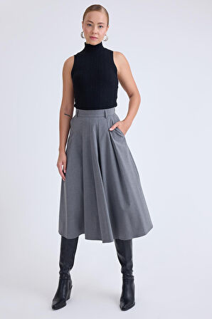 Pileli Midi Boy Cepli Etek