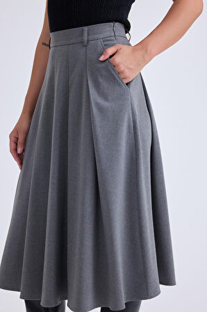 Pileli Midi Boy Cepli Etek