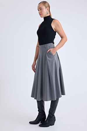 Pileli Midi Boy Cepli Etek