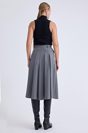 Pileli Midi Boy Cepli Etek