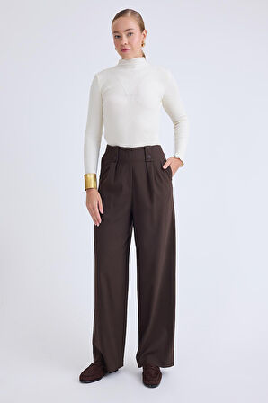 Düğme Detaylı Geniş Paça Pantolon