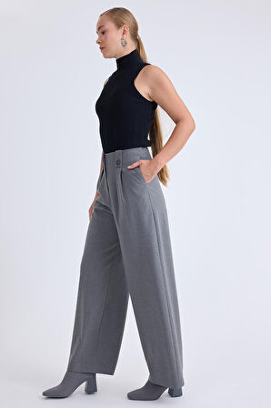 Düğme Detaylı Geniş Paça Pantolon