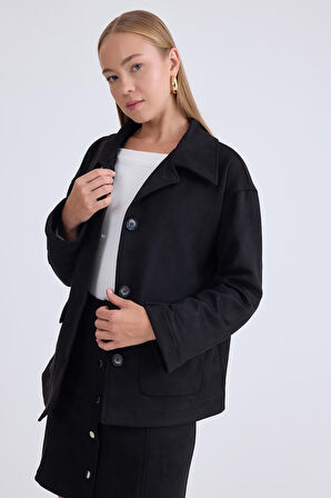 Düşük Omuz Kapak Cepli Süet Ceket