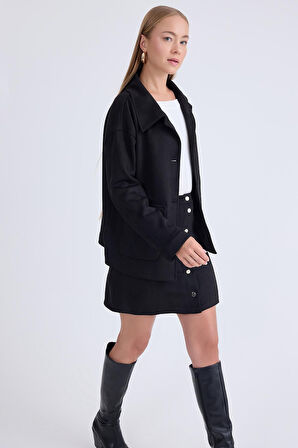 Düşük Omuz Kapak Cepli Süet Ceket