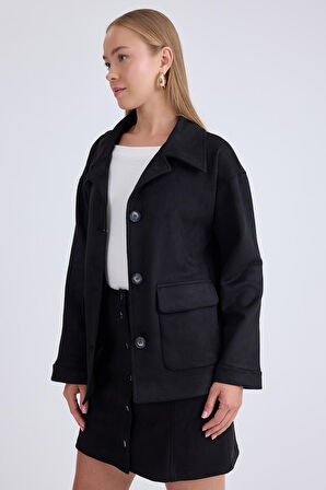 Düşük Omuz Kapak Cepli Süet Ceket