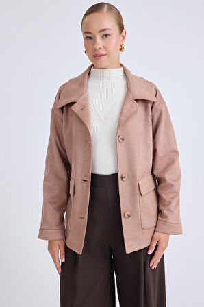 Düşük Omuz Kapak Cepli Süet Ceket