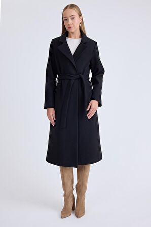 Ceket Yaka Kuşaklı Kaşe Kaban