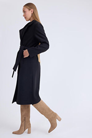 Ceket Yaka Kuşaklı Kaşe Kaban