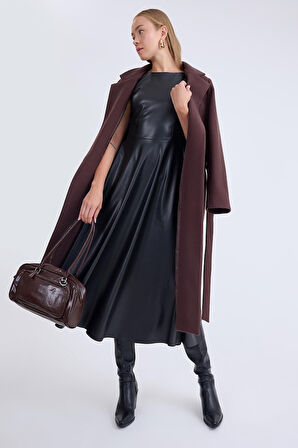 Ceket Yaka Kuşaklı Kaşe Kaban