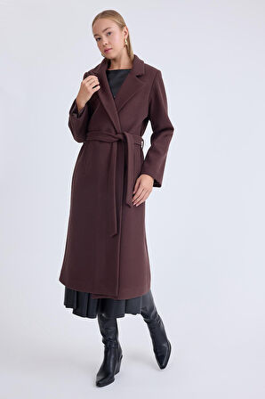 Ceket Yaka Kuşaklı Kaşe Kaban