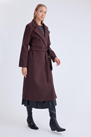 Ceket Yaka Kuşaklı Kaşe Kaban