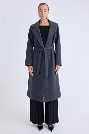 Ceket Yaka Kuşaklı Kaşe Kaban