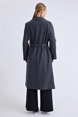 Ceket Yaka Kuşaklı Kaşe Kaban