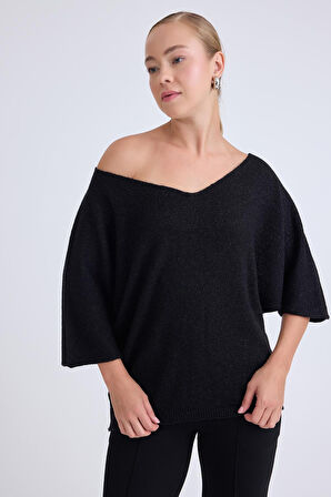 V Yaka Yarım Kol Simli Salaş Bluz