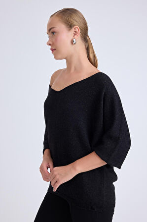 V Yaka Yarım Kol Simli Salaş Bluz