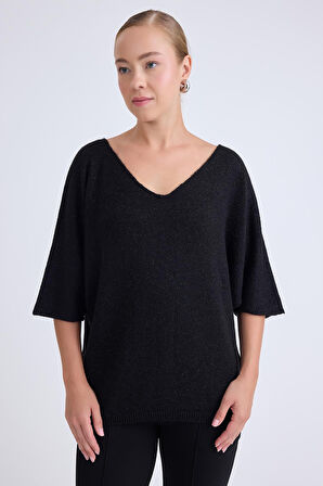 V Yaka Yarım Kol Simli Salaş Bluz