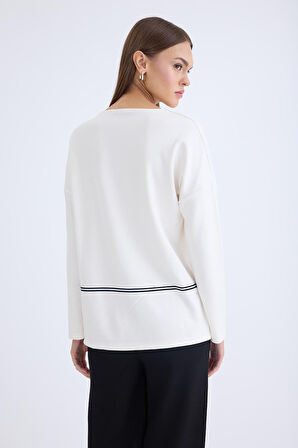 V Yaka Şerit Detaylı Uzun Kol Bluz