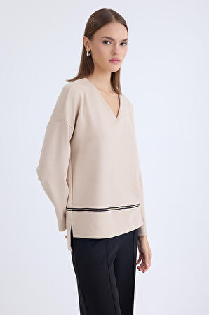 V Yaka Şerit Detaylı Uzun Kol Bluz