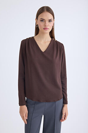 V Yaka Omuzu Düğmeli Uzun Kol Bluz