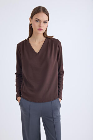 V Yaka Omuzu Düğmeli Uzun Kol Bluz