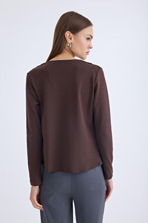 V Yaka Omuzu Düğmeli Uzun Kol Bluz