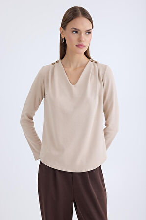 V Yaka Omuzu Düğmeli Uzun Kol Bluz