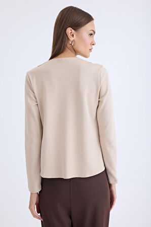 V Yaka Omuzu Düğmeli Uzun Kol Bluz