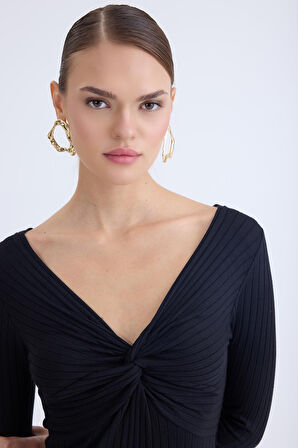 V Yaka Önü Düğüm Detaylı Uzun Elbise