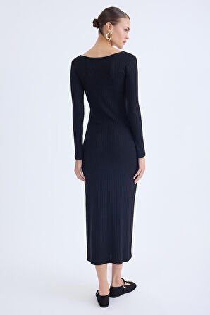 V Yaka Önü Düğüm Detaylı Uzun Elbise