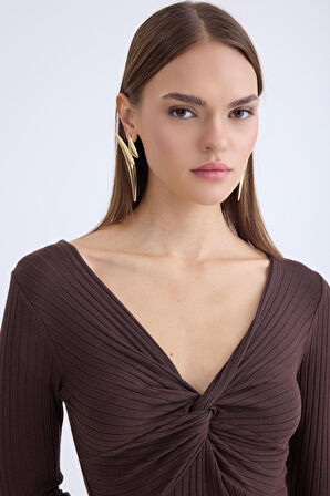 V Yaka Önü Düğüm Detaylı Uzun Elbise