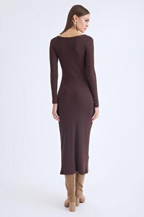 V Yaka Önü Düğüm Detaylı Uzun Elbise