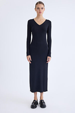 V Yaka Uzun Kol Fitilli Elbise