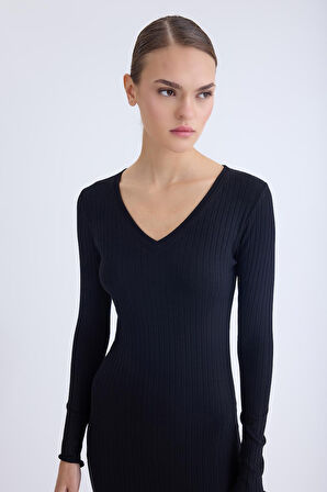 V Yaka Uzun Kol Fitilli Elbise