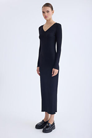 V Yaka Uzun Kol Fitilli Elbise