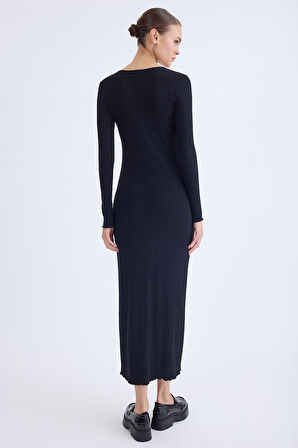 V Yaka Uzun Kol Fitilli Elbise