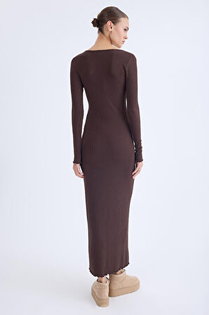 V Yaka Uzun Kol Fitilli Elbise