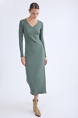 V Yaka Uzun Kol Fitilli Elbise